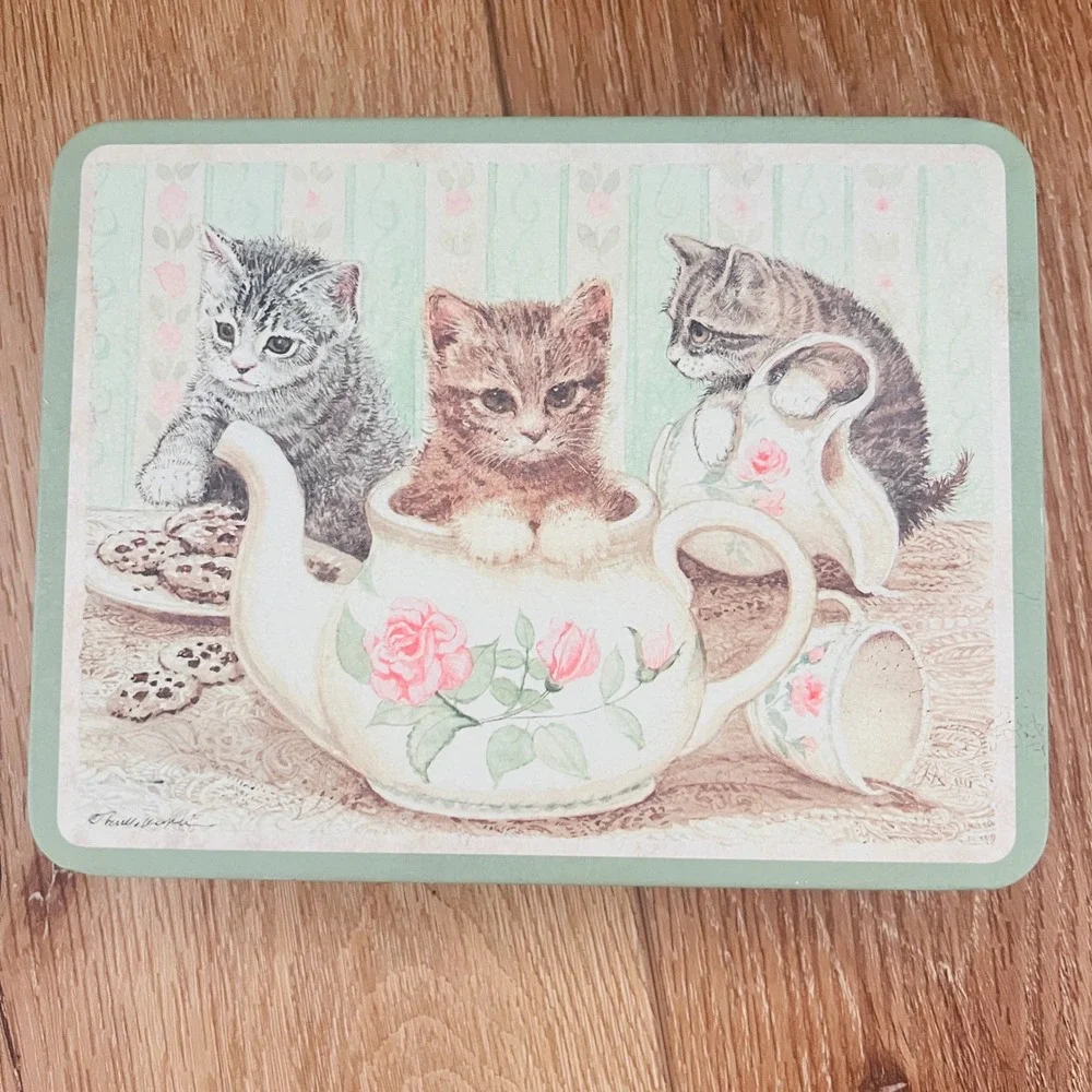 Vtg Keller Charles Philadelphia Kitten Teapot Tin Decorative Metal Box Green